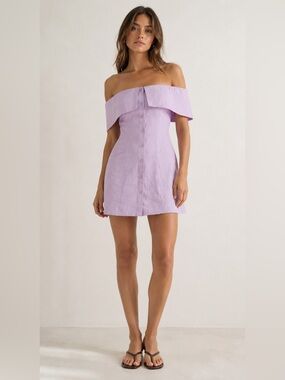 NWT Reformation “Botanica” off the shoulder button front mini dress in lilac. 4.